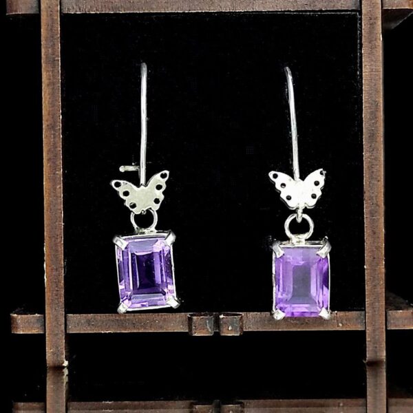 گوشواره نقره آمیتیست اصلی چهارگوش طرح پروانه