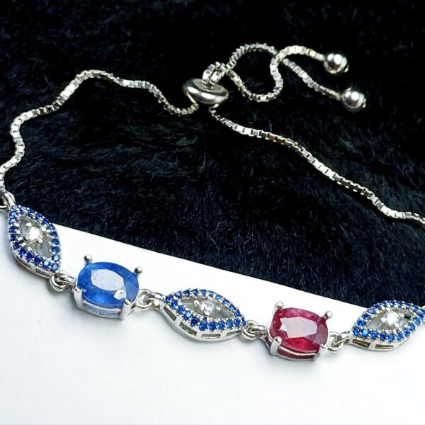 دستبند نقره جواهری آسانسوری 2 نگین یاقوت کبود و قرمز اصلی
