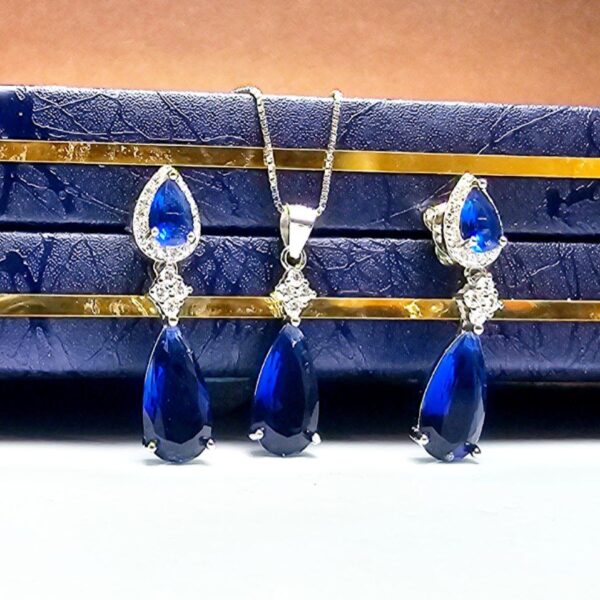 نیم ست نقره زنانه جواهری اشکی سنتتیک آبی