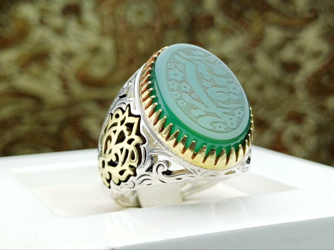 photo_3_2024-07-24_11-05-52.jpg انگشتر نقره عقیق سبز اصلی حکاکی یا فاطمة الزهرا - Image 1